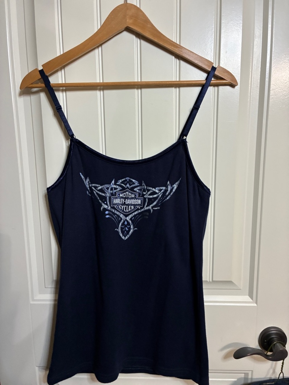 Harley-Davidson XL Women’s Dark Blue Cami  Top Silver Graphic Adjustable Straps - Picture 15 of 15